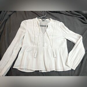 Hollister White Embroidered Peasant Blouse with Tassel Ties